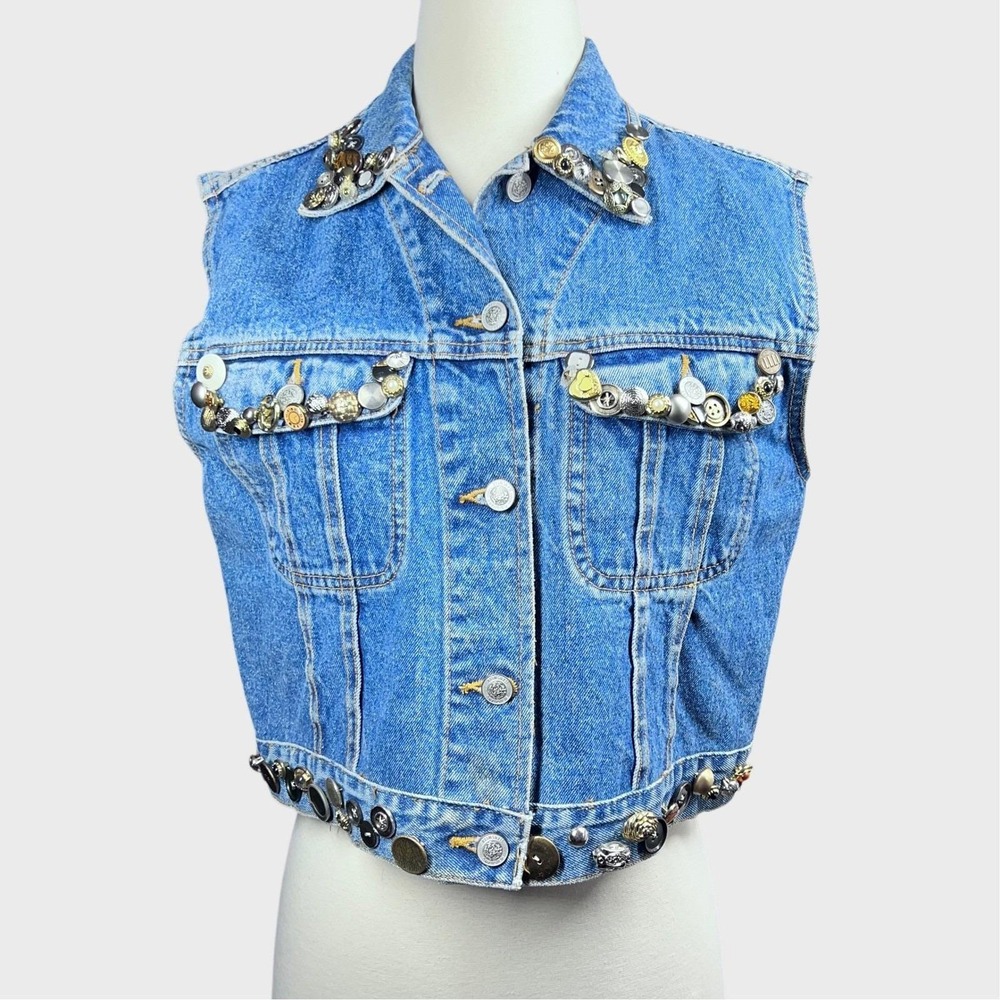 Vintage 80s Gitano Denim Vest DIY Small Embellished Buttons Maximalist Punk RARE
